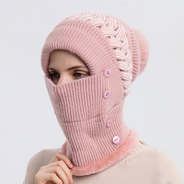 Mössa och halsduk Integrerad höst- och vinterstickad mössa för kvinnor plus varm halsduk i sammet Vinter yllehatt för damer rosa