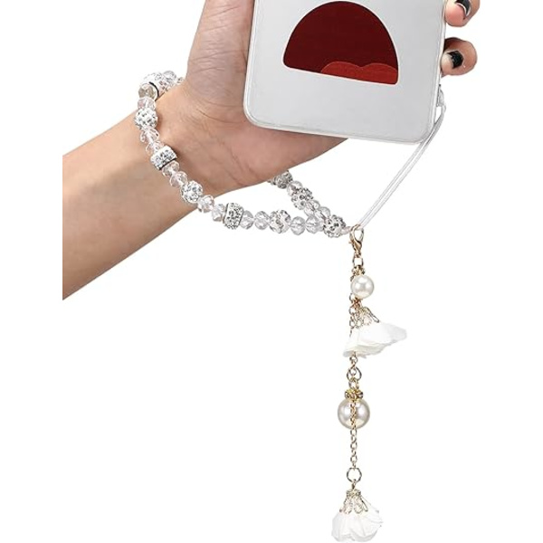 Mobiltelefonremmar Kreativ Kristallblomma Hänge Telefon Charm Halkfri Telefon Lanyard handledsrem för dekoration White