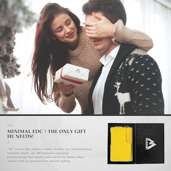 Taktisk minimalistisk plånbok för män, smal RFID-blockerande metallkortfodral, framficka Menu2019s läder Dapper Bifold-plånbok med pennsklämma Carbon Fiber Yellow
