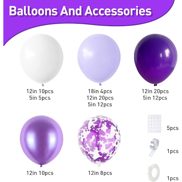 Lila bågformad ballonggirlang, lavendel lila och vit ballongbågsats, lila metalliska och konfettimixade ballonger för babyshower, flickors födelsedag, bröllop Purple