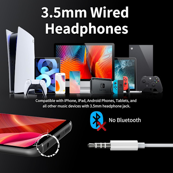 Langalliset kuulokkeet mikrofonilla, langalliset kuulokkeet korvakuulokkeet HiFi-stereo, tehokas basso ja kristallinkirkas ääni, yhteensopiva iPhonen, iPadin, An White