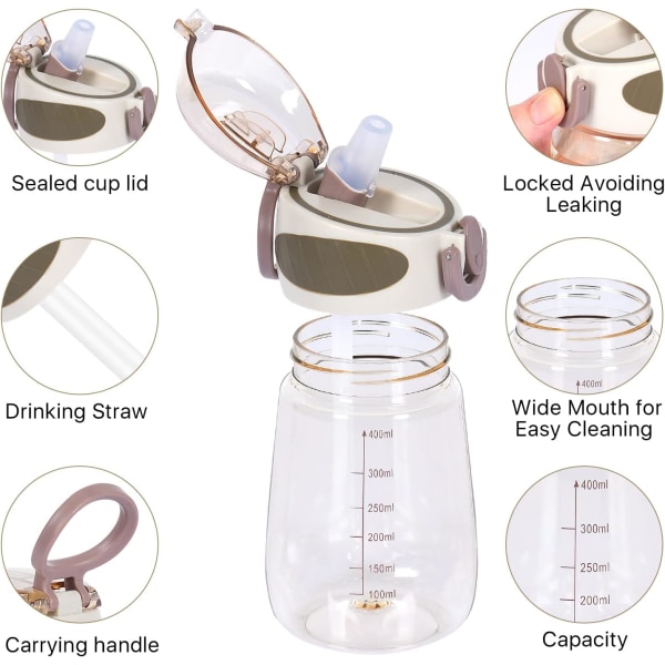 Vattenflaska med sugrör BPA-fri lätt 400 ml vattendricksflaska för småbarn med handtag halmflaska - rosa