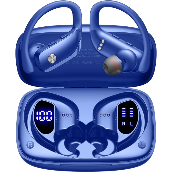 Trådlösa öronsnäckor Bluetooth-hörlurar 48 timmars uppspelning Sport öronsnäckor med LED-display Over-Ear Buds med öronkrokar Inbyggd mikrofon Headset för träning B Blue