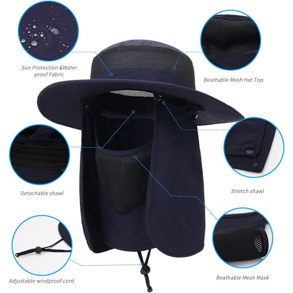 Utomhus solhatt UPF 50 skydd vattentät fiskehatt ansiktsöverdrag sommar nackskydd hatt Navy Blue