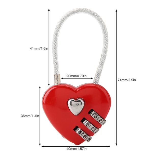 Heart Shape 3-sifret kodekombinasjon Bagasjebaglås Passord Sikkerhet Par Hengelås (rød)