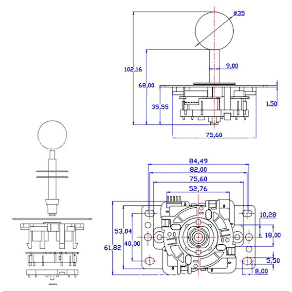 Arcade-joystick-peliohjain DIY-joystick Arcade-peli Taistelutikku Vaihto-osat Pin-piirilevy Ball Head Black