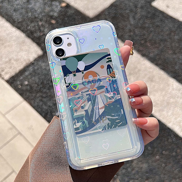 Kompatibelt med iPhone Skal, Holografisk Laser Glitter Bling Hjärta Kort Hållare Mjukt &amp; Flexibelt TPU Stötsäkert Skydd för Kvinnor Gi