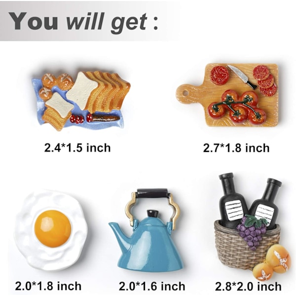 3D Keittiötarvikkeet Jääkaappimagneettisetti - 5 kpl Söpöjä Hartsimagneettikoristeita Jääkaappiin, Valkotaululle, Kaappiin ja Metallipinnoille - Täydellinen B-cookware(5pcs)
