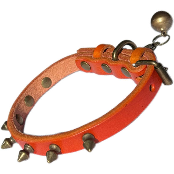 Læder Hundehalsbånd med Pigge til Små Hunde med Klokke, Justerbar Ko Læder Halsbånd Nittet Skarpe Pigge til Dreng Pige Hvalpe, Robust Heavy Duty, Orange Sm Orange S