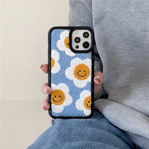 Sött Blomsterbroderi Fodral Kompatibelt med iPhone 11 Smiley Face Mönster Vinter Mjukt Stötsäkert Baksida för iPhone