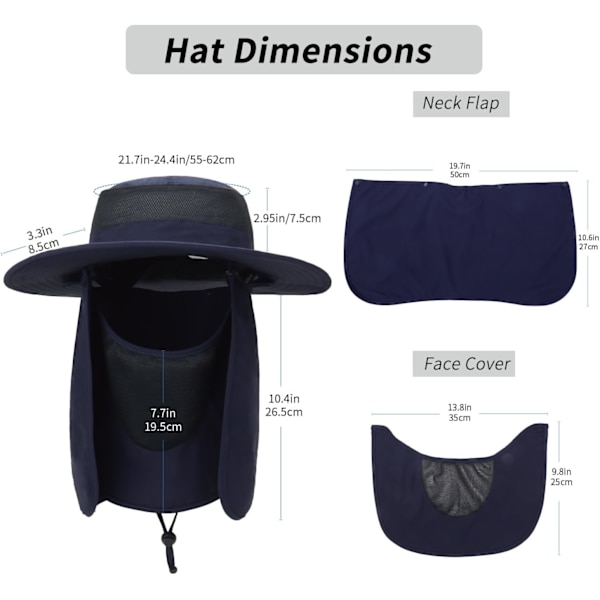 Utomhus solhatt UPF 50 skydd vattentät fiskehatt ansiktsöverdrag sommar nackskydd hatt Navy Blue
