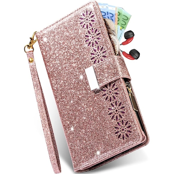 Galaxy S22 Ultra Plånboksfodral Dam, Glittrigt PU-läder Folio Flip Ställ Dragkedja Ficka Magnetisk Plånboksfodral med 9