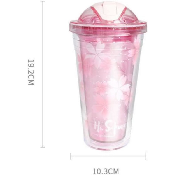 16 oz söt vattenflaska med sugrör och lock, glitter dubbelväggig körsbärsblommor vattenflaska (rosa)