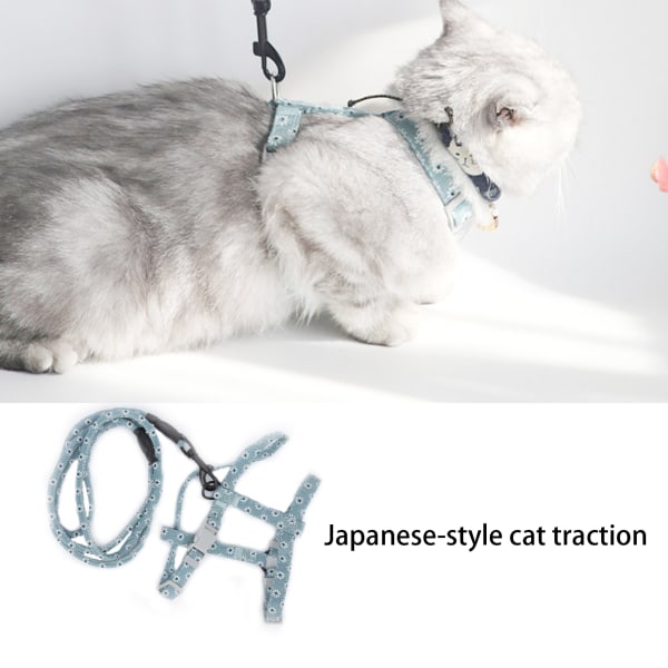 Japanilaistyylinen kissan säädettävä valjaat ja talutushihnasetti rinta- ja selkäveto kissan kävelyköysi Light Green Flower M