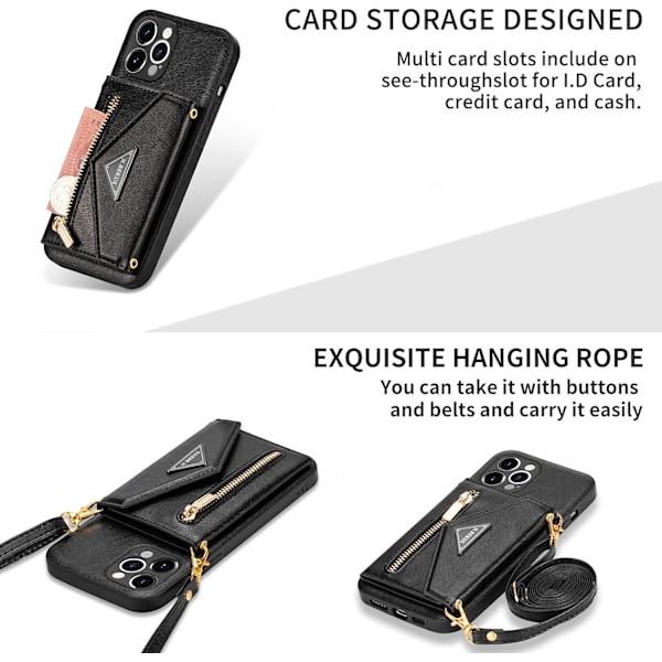 Plånboksfodral Crossbody för iPhone 11 med Snodd, Kreditkortshållare, PU Läder Skyddande Handväska Dragkedja Plånbok Ställ