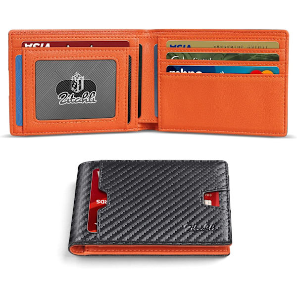 Herre-lommebok - Slank skinn - RFID-blokkerende lommebok for menn - Minimalistisk bifold kredittkortholder med gaveeske Carbon Black and Orange