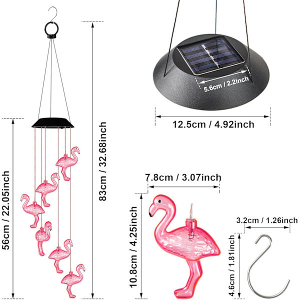 Solardrivna Flamingovindspel med färgskiftande ljus - Utomhusdekor för trädgård, uteplats, gård Flamingo