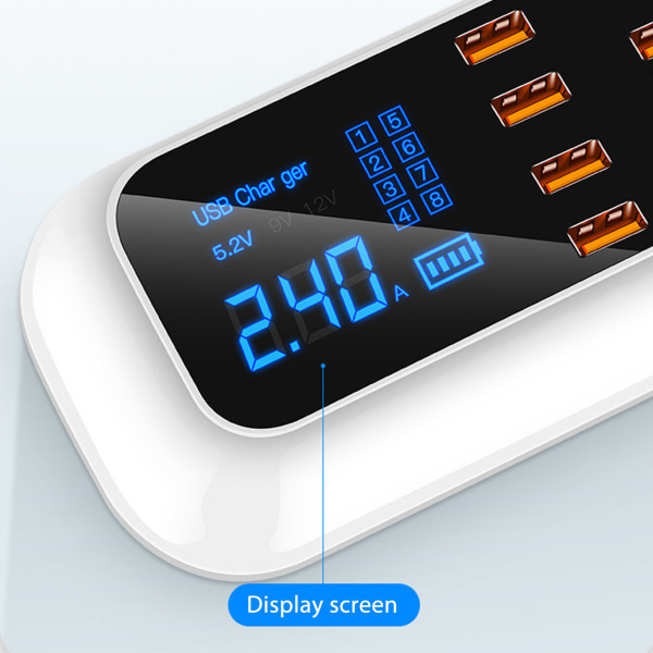 USB-ladestasjon 8 porter ladestasjon 40W USB3.0 Type C LED-skjerm kretsbeskyttelse for telefoner nettbrett 100‑240V EU-plugg