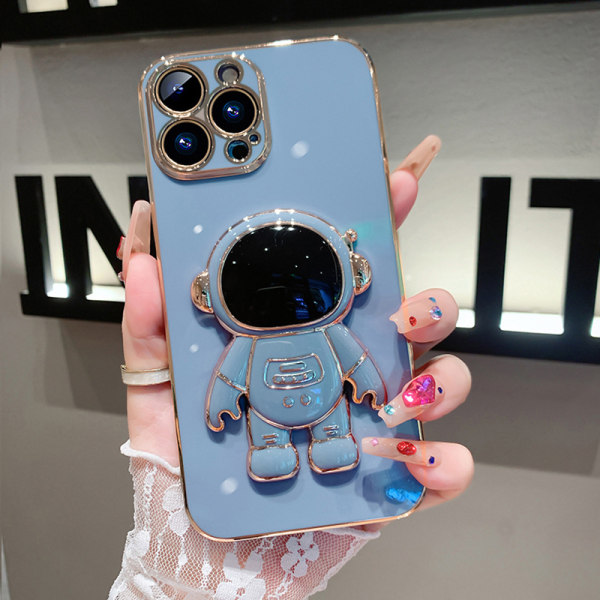 6D galvanoitu astronautti piilotettu jalustakotelo iPhone-puhelimille Naisastronautti taittuva jalusta iPhone-kotelo kamerasuojalla Pehmeä TPU iskunkestävä puskuri Blue iPhone 11 Pro Max