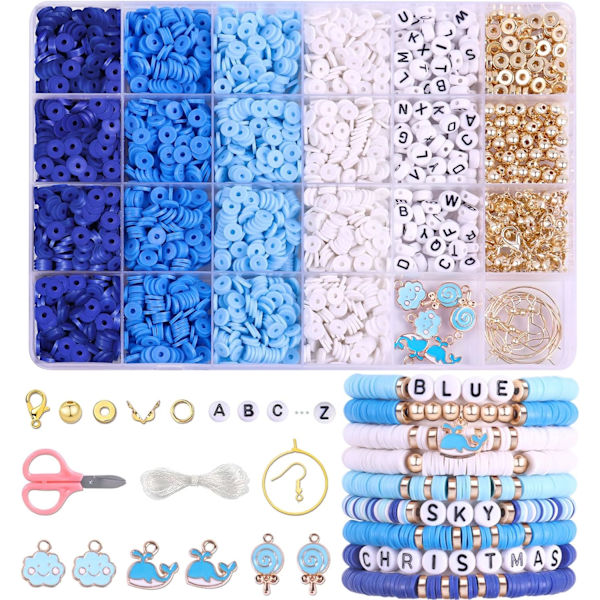 3500 PCS Blå Lera Pärlor Kit för Armband Tillverkning, Polymer Heishi Pärlor för Smycken Tillverkning, Vänskap Armband Kit för Flickor Vuxna, Distans Brev B Blue