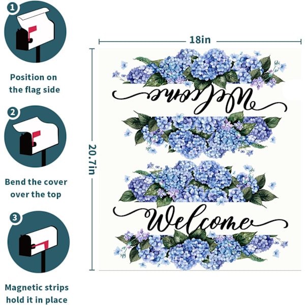 Magnetisk postkassedeksel for vårgården - 21x18 tommer, Hydrangea Blomst Velkommen Design for utendørs hjemmeinnredning Welcome-blue Hydrangea