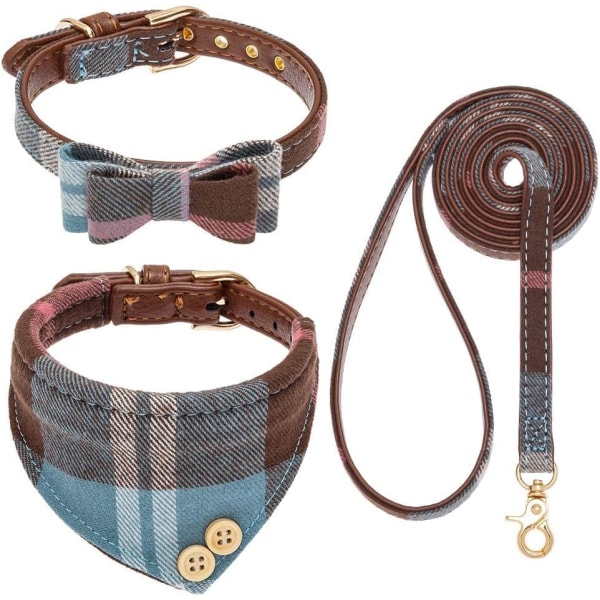 WJSM Hundekobbel og Halsbånd Sett - Søt Rutete Hund Sløyfe og Hund Bandana Halsbånd, Hundekobbel Flokefri, Justerbare Halsbånd for Små Mellomstore Store Hunder, Blue Medium