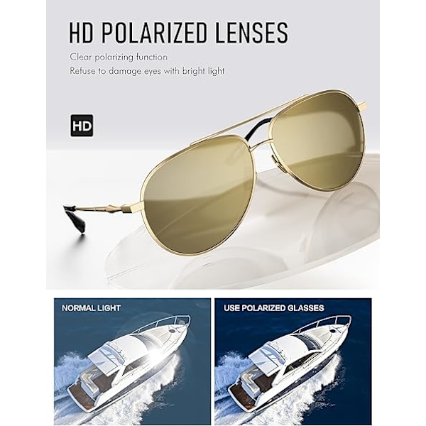 Solglasögon för Män Kvinnor Polariserade Glas Körglasögon - UV 400 Skydd Mode Pilotstil 60MM gold