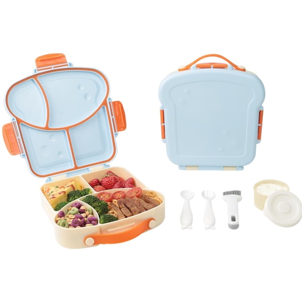 Lasten paahtoleivän muotoinen bento-lounasrasia - 4-osainen uudelleenkäytettävä ruoka-astia kastikekupilla, ruokailuvälineillä ja harjalla - BPA-vapaa, mikroaaltouuni/pakastin blue