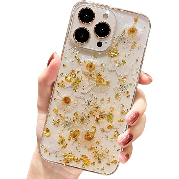 iPhone 13 Pro Max -kuori kukkakuvioilla, söpö kirkas glitter puristettu aito kukka päivänkakkara design pehmeä ohut suojaava kukka kuori naisille G