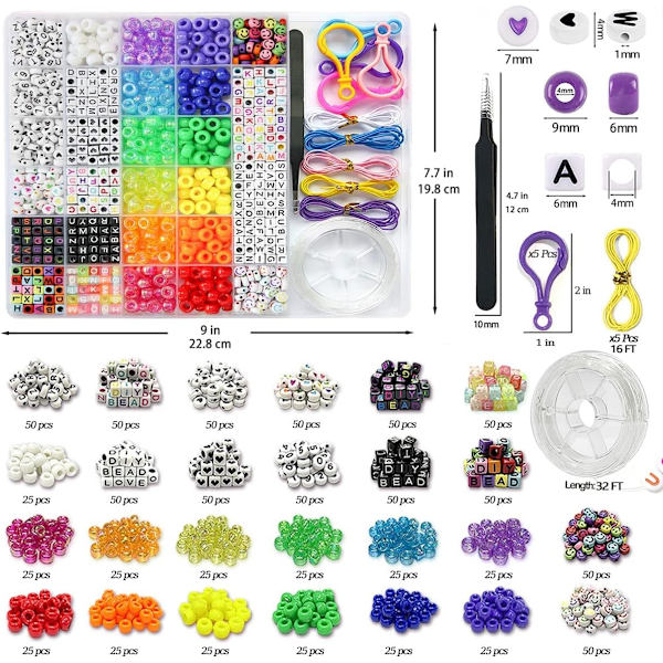 1300 kpl DIY lasten askarteluhelmet Ystävyysrannekorusarja, Ponihelmillä Kirjainhelmillä ja Joustavalla Narulla, Värikkäillä Riveillä, Käytetään Mukautettuun Kaulakoruun 1300pcs