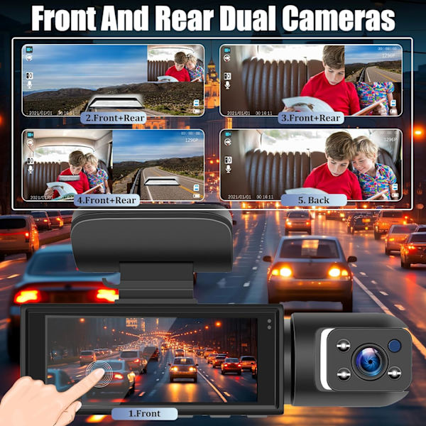 3,16 tums Dash Cam fram och inuti med exponeringskompensation/nattseende/dubbelinspelning/loopinspelning/32G TF-kort