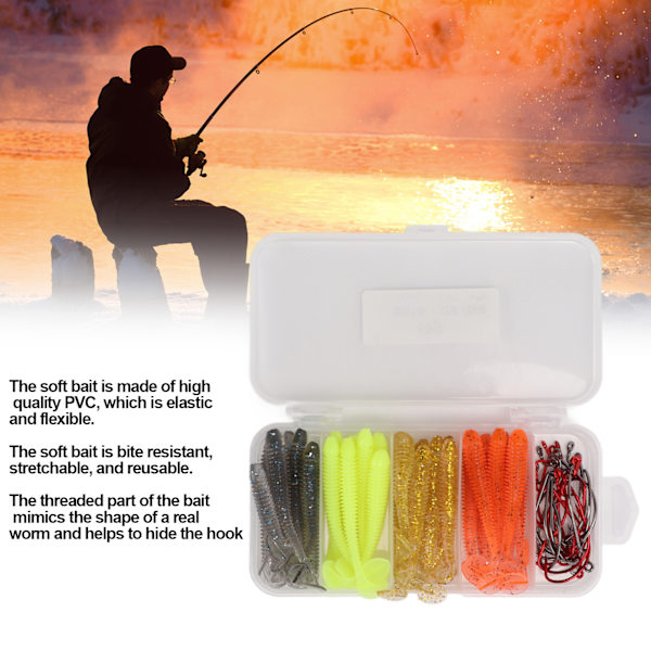 60 st/låda Mjukt bete fiskedrag kit med rostfritt stål vev krokar artificiell T svans PVC mjukt bete beten för basfiske 6cm