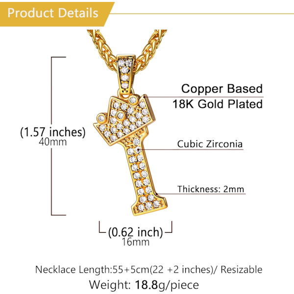 Krone Initial A-Z Halskjede, Iced Out Bokstavanheng med 22-24 Tommers Kjede, Menn Kvinner Bling Hip Hop Alfabet Navn Smykker Gave Store Initialer Halskjeder I 18K Gold