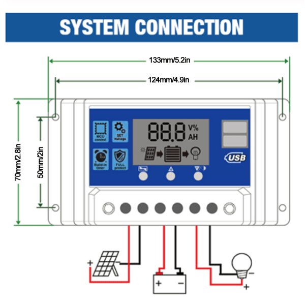 Solcellsladdningsregulator LCD Dubbel USB PWM Cellpanel Regulator med Last Automatisk Identifiering 12V 24V50A