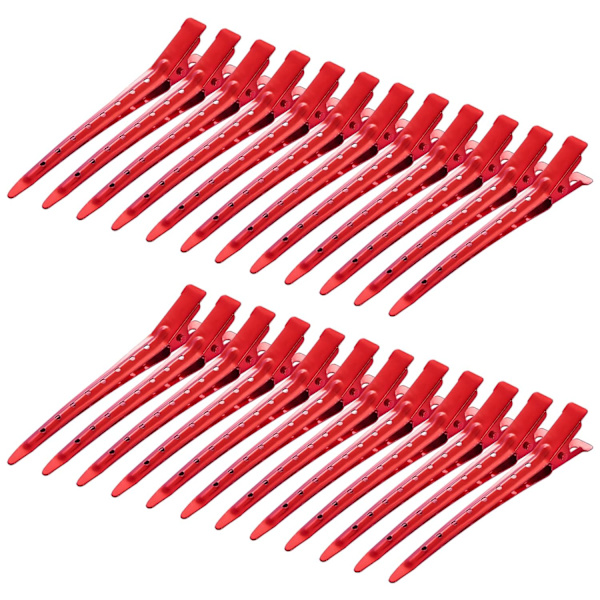 24-pack ankläppsklipp, 3,35 tum rostfria metallkrokodilklämmor med hål för hårstyling, hårfärgning Red