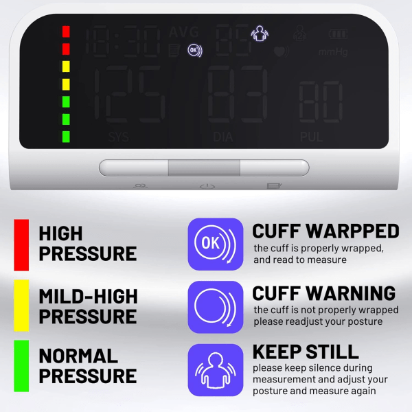 Blodtryksmonitor Automatisk Overarm Maskine & Nøjagtig Justerbar Digital BP Manchet Kit Stort Baggrundsbelyst Display 240 Sæt Hukommelse Inkluderer Opladning