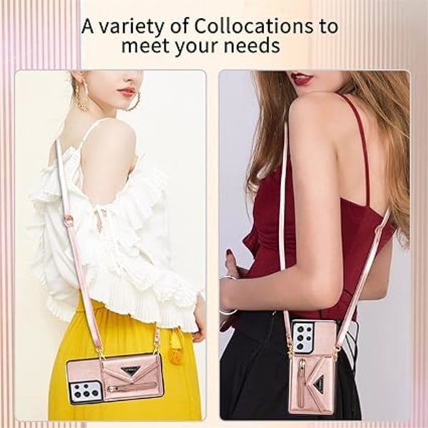 PU-nahkakukkaro Samsung Galaxy S22 Ultra 5G -puhelimelle, crossbody-kotelo luottokorttipidikkeellä 6,8'', naisten tyttöjen vetoketjullinen lompakko ja jalusta