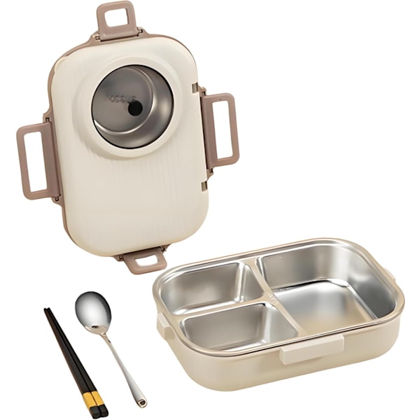 304 Rustfrit Stål Bento Madkasse Sæt - Lækagesikker, Bærbar Madbeholder til Voksne med Spisepinde, Ske & Suppeskål - Ideel Gave beige