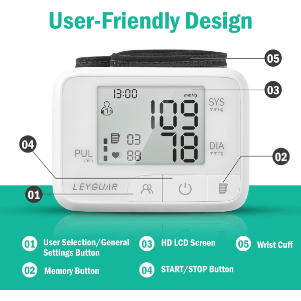 Håndledsblodtryksmonitor til hjemmebrug, præcis digital blodtryksmåler, 99 aflæsningshukommelser til 2 brugere, stort display til nem aflæsning, behagelig