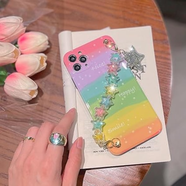 Gradient Regnbue Deksel Kompatibelt med iPhone 12 Pro Max Søt Kawaii 3D Krystall Fargerik Stjerne Håndstropp Design Myk TPU Beskyttende