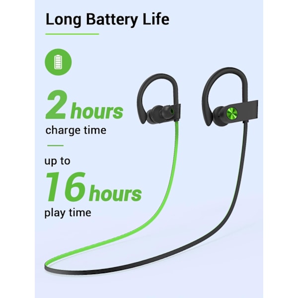 Bluetooth-hovedtelefoner, 5.3 trådløse sports-øretelefoner IPX7 vandtætte med mikrofon, stereo-svedsikre in-ear-hovedtelefoner, støjreducerende headset til fitnesscenterløb A,GreenBlack