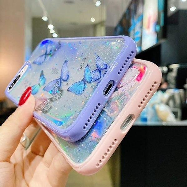 Girly Skal Kompatibelt med iPhone SE 2020 Skal iPhone 8 iPhone 7 Skal Sött Iridescent Fjärilsdesign Laser Bling Glitterstjärnor för