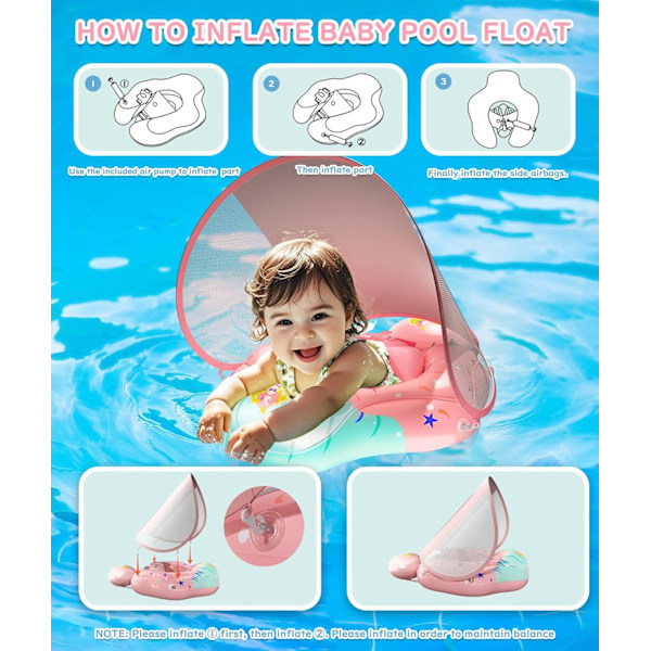 Baby Pool Float med UPF50+ Solskærm, Justerbart Sikkerhedssæde & Oppustelig Balance Halebold - 3-36 Måneder (Pink, L) pink 72*50