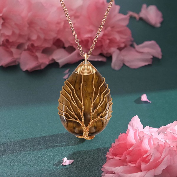 Helbredende krystallkjede Livets tre Wire Wrapped naturlig stein spiss anheng kjede sekskantet Reiki spirituell kvarts edelsten smykker for kvinner M Teardrop Tigerite