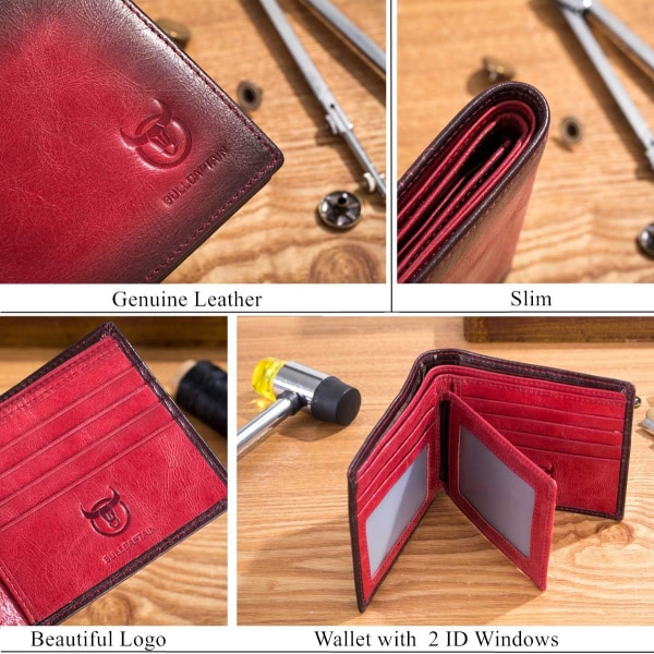 RFID-plånböcker för män, smal bifold äkta läderplånbok med 2 ID-fönster framficka QB-05 (Crimson) Crimson