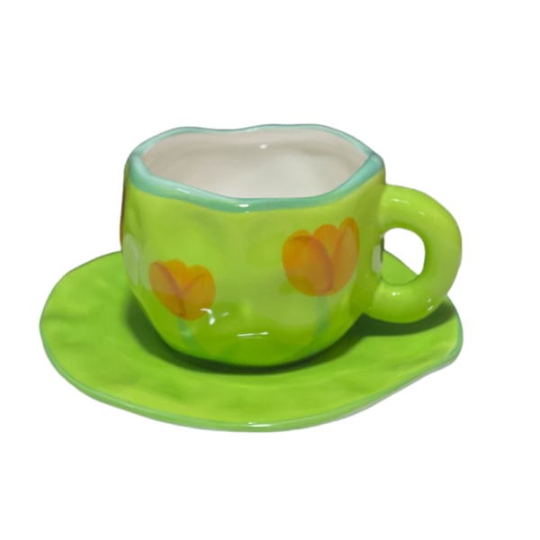 Söta vridna oregelbundna keramiska kaffemuggar och set Kaffemuggar Tekoppspresenter för tjejer Mammaälskare（Gröna tulpaner）