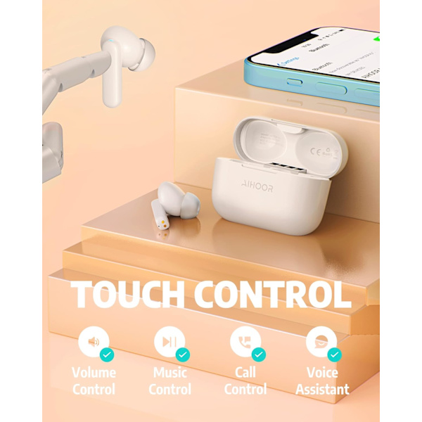 Trådløse øretelefoner til musik og sport, Bluetooth 5.3 in-ear-hovedtelefoner med ekstra bas, indbygget mikrofon, touch-kontrol, USB-opladningsetui, 30 timers batteri High Gloss White