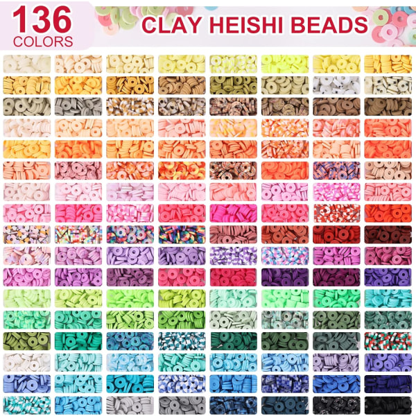 14000 PCS 136 Colors Clay Beads Bracelet Making Kit 6 Boxes Friendship Bracelet Kit Flat Polymer Clay Beads Spacer Heishi Beads for Jewelry Making wi