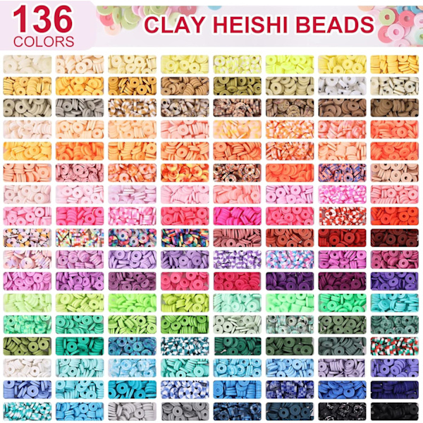 14000 PCS 136 Färger Lera Pärlor Armband Tillverkning Kit 6 Lådor Vänskap Armband Kit Platt Polymer Lera Pärlor Distans Heishi Pärlor för Smycken Tillverkning wi
