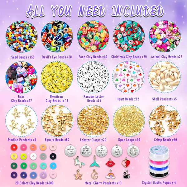 Lera Pärlor Armband Tillverkning Kit, Platta Runda 6mm Lera Pärlor för Smycken Tillverkning med Hänge Charms Kit, Konst Hantverk Presentset för Flickor i Åldrarna 3 4 5 6 7 8 9